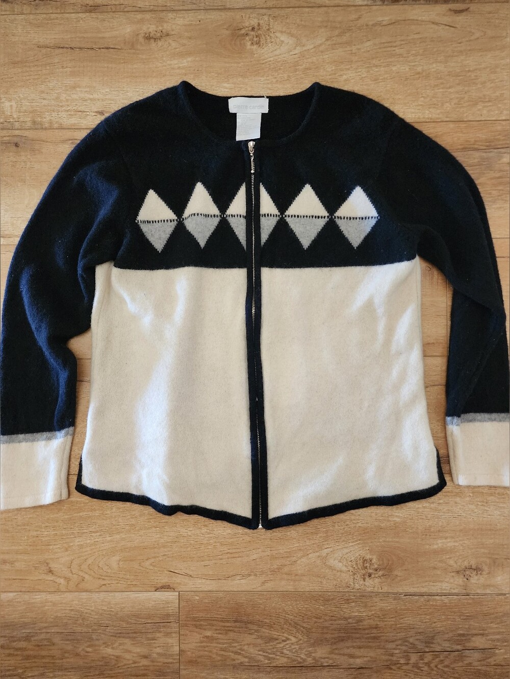 Vintage Pierre Cardin 95% Lambs Wool Cardigan Women’s M Colorblock Diamonds Zip